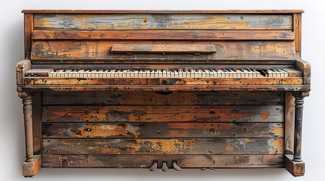 Vintage wooden upright piano with weathered and distressed paint, showcasing a variety of colors and textures on a neutral background.
