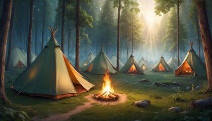 A tranquil scene of tents pitched in a forest clearing with a campfire burning as the morning sun rays pierce through the trees.. AI Generation