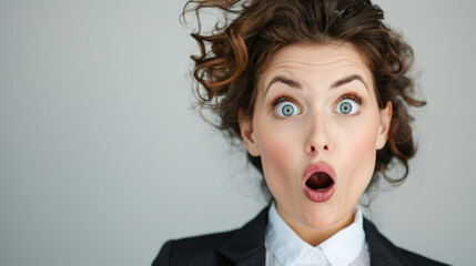 closeup Portrait of a Surprised female business Woman with a suit in disbelief on a clean background