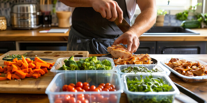 A image of someone preparing healthy meals for the week, chopping vegetables, grilling chicken, and portioning out food into container