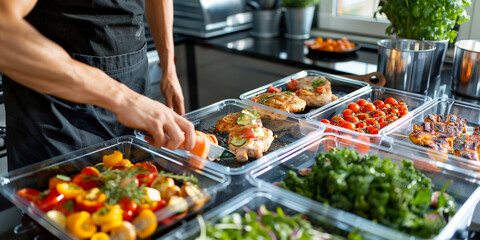 Obraz premium A image of someone preparing healthy meals for the week, chopping vegetables, grilling chicken, and portioning out food into container