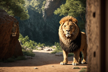 A lion standing in front of a cave entrance, looking out into the distance.
