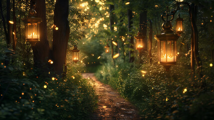 The forest path was lit by a series of lanterns. - obrazy, fototapety, plakaty