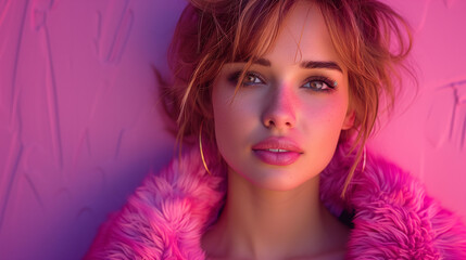 Portrait of a young woman with a captivating gaze, wearing a pink faux fur coat against a matching pink background, showcasing modern fashion and beauty. - 783056269