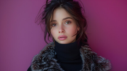 Portrait of a young woman with a captivating gaze, wearing a fur coat against a matching pink background, showcasing modern fashion and beauty. - 783056280