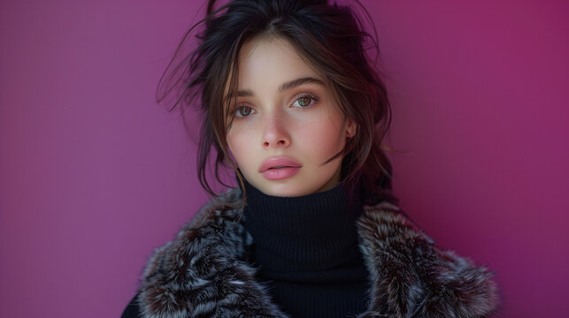 Portrait of a young woman with a captivating gaze, wearing a fur coat against a matching pink background, showcasing modern fashion and beauty.