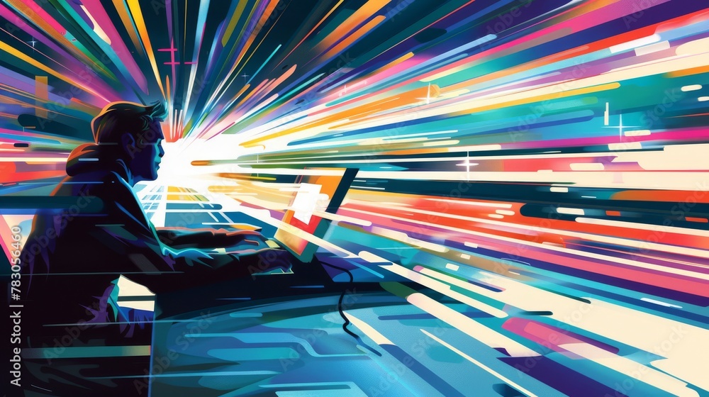 Poster abstract colorful background with a man playing computer games