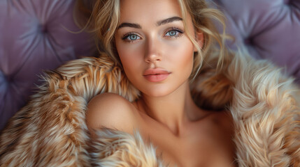 Portrait of a young woman with striking blue eyes and blonde hair, wrapped in a luxurious faux fur coat, lying on a plush purple background, exuding elegance and glamour. - 783056431