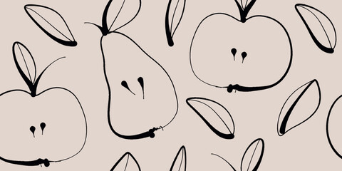 Vector seamless pattern with apples and pears. Trendy hand drawn textures. Modern abstract design for paper, cover, fabric, interior decor and other users. - 783056447