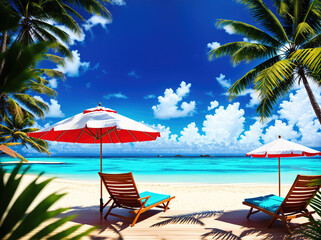 A beach with lounge chairs and umbrellas on the sand.