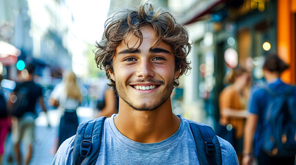 Jeune  touriste souriant dans la rue - obrazy, fototapety, plakaty