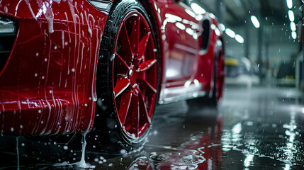 High-pressure washing of red car wheel. Self-service car washing. - obrazy, fototapety, plakaty