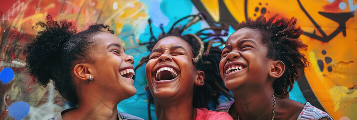 Three young females standing together in front of a colorful graffiti wall, sharing a moment of joy...