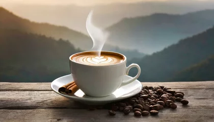 Foto op Plexiglas cup of coffee on the mountain coffee, cup, drink, beverage, espresso, hot, cafe,  © Baloch