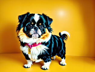 A black and white dog with a pink collar standing on a yellow background. - Powered by Adobe