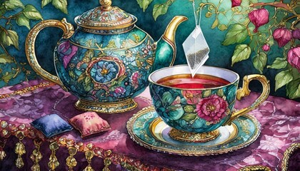 Tea, teacup kettle and teabag. Art card