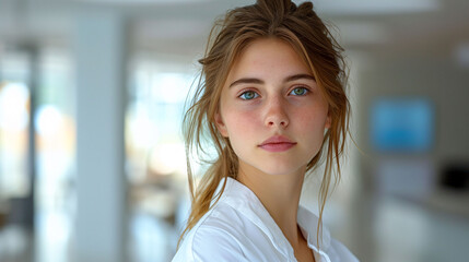 Portrait of a young woman with blonde hair and blue eyes, wearing a white shirt, looking at the camera with a soft expression, indoors with a blurred background. - 783056878