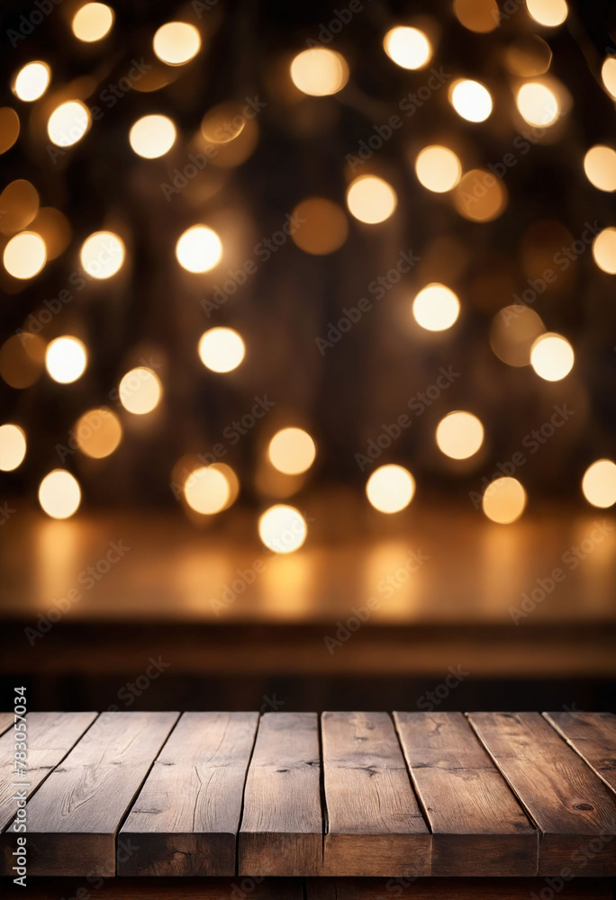 Sticker Empty wood table with blurred Christmas lights set behind the table