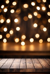 Empty wood table with blurred Christmas lights set behind the table
