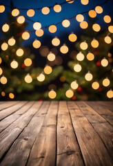 Empty wood table with blurred Christmas lights set behind the table