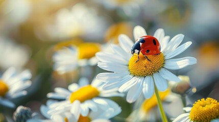 ladybug on a daisy flower, spring background.