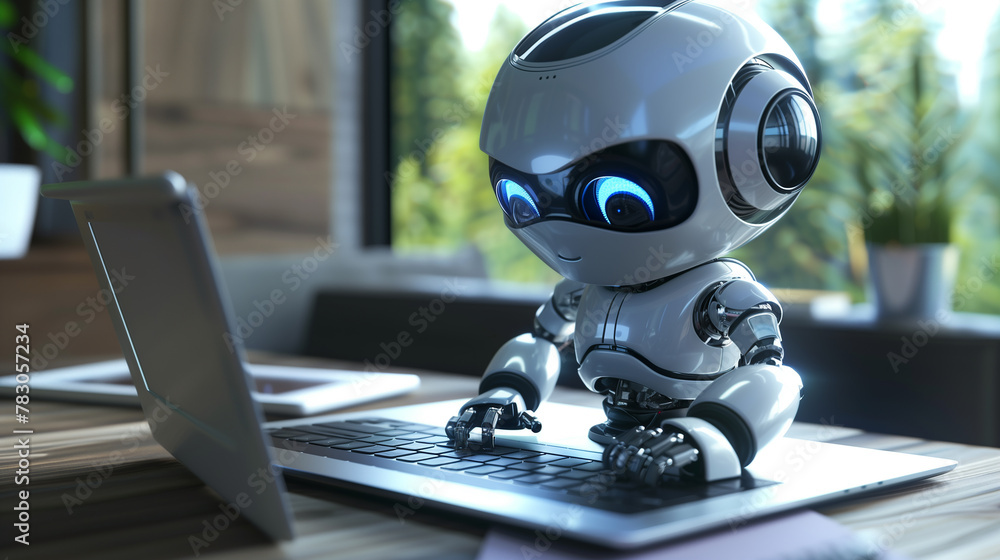 Poster a robot is sitting on a laptop keyboard. the robot is white and has two eyes.