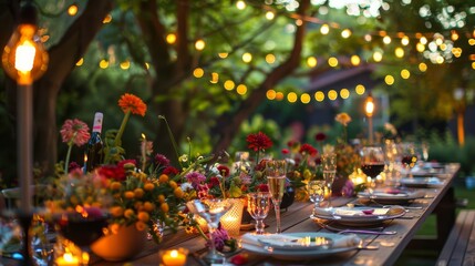 Festive table setting with floral centerpiece and string lights, perfect for event and party decor.