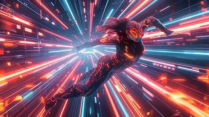 Leaping Digital Warrior in Vibrant Futuristic Landscape