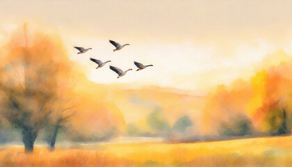 Flock of wild geese flying in the sunlight