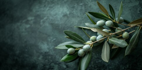Dark background with olive branch, green leaves and berries nature concept image