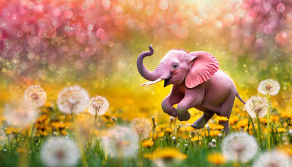 Pink elephant jumping in a field of dandelions