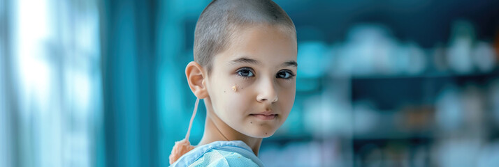 A bald child with a hopeful expression wears a hospital gown, standing courageously in a clinical setting