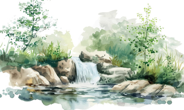 watercolor illustration waterfall in the forest