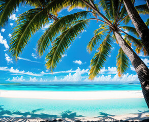 A beach with palm trees and a clear blue ocean in the background.