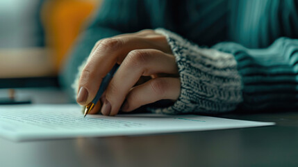 Close-up of a hand holding a pen, engaged in writing on a white sheet of paper on a desk