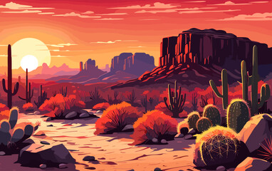 Desert landscape abstract art background. Texas western mountains and cactuses. Vector illustration of Wild West desert with red sky and sun. Design element for banner, flyer, card, sign template.