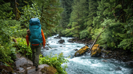 A person with a backpack stands on a rock near a river, taking in the view of the flowing water and surrounding nature - Powered by Adobe