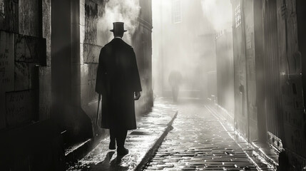A man in a top hat and coat strolling down a city street