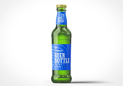 Green Beer Bottle Mockup with Blue Label