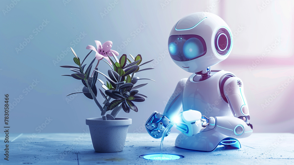 Poster a robot is sitting in front of a plant and watering it. the robot has a blue light.
