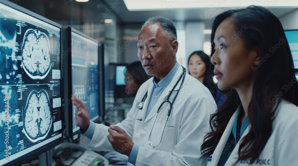 Poster a diverse group of doctors in white coats and scrubs are gathered around a computer screen, discussi