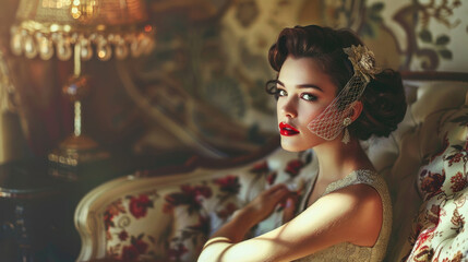 A stylish woman in a retro gown lounges gracefully on an ornate sofa, exuding old-world charm