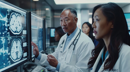 A diverse group of doctors in white coats and scrubs are gathered around a computer screen, discussing and analyzing patient information