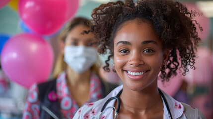 Portrait of a cheerful young female healthcare professional with curly hair, wearing a stethoscope, with balloons and a colleague in a mask in the background, festive event in a medical setting. - 783058481