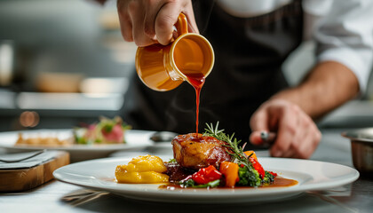 Chef pouring sauce on a roasted meat.