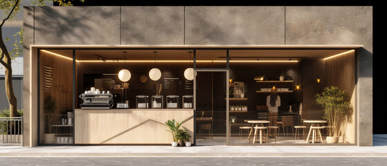 Coffee shop, cafe store, bar or restaurant with counter, glass windows. View from city street. Front design. Showcase. Generative ai