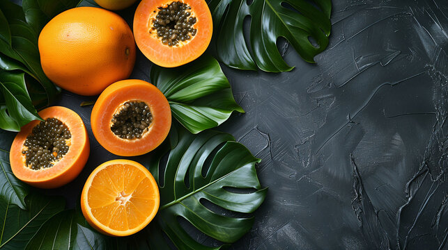 Fresh citrus fruits and tropical leaves on a dark textured background. Top view with copy space. Healthy eating concept.