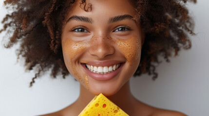 Close-up of a cheerful young woman with curly hair and freckles, holding a yellow sponge near her face, symbolizing skincare and beauty. - 783059206