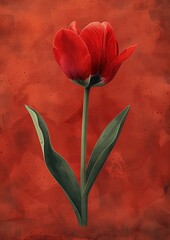 Grunge Art: Single Red Flower with Green Stem on Red Background