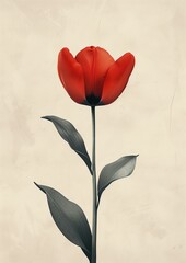 Solitary Red Tulip on Stained Beige Background